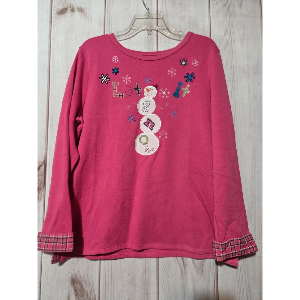 Christopher & Banks Pink Let It Snow Snowman Plaid Cuff Top Women Large